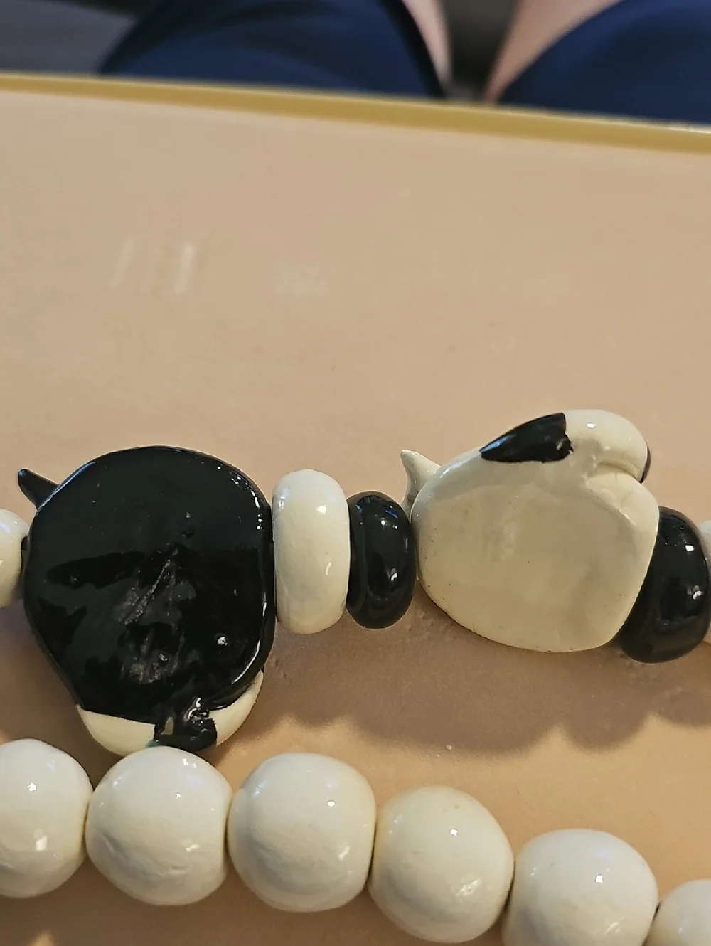 Hand Crafted Black & White Wimsical Cat Bead Necklace.‎ 34